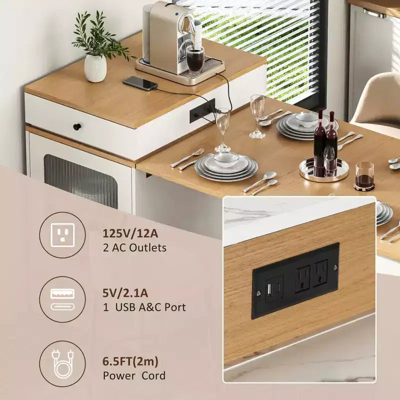 59,5 Îlot de cuisine extensible avec table à manger, Table de cuisine avec 2 tiroirs et étagères latérales ouvertes, Îlot de cuisine utilitaire pour salle à manger