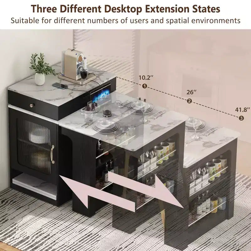 59,5 Îlot de cuisine extensible avec table à manger, Table de cuisine avec 2 tiroirs et étagères latérales ouvertes, Îlot de cuisine utilitaire pour salle à manger