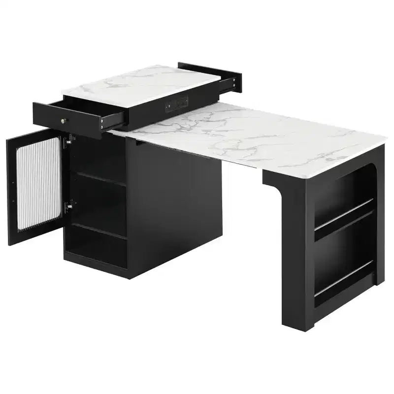 59,5 Îlot de cuisine extensible avec table à manger, Table de cuisine avec 2 tiroirs et étagères latérales ouvertes, Îlot de cuisine utilitaire pour salle à manger