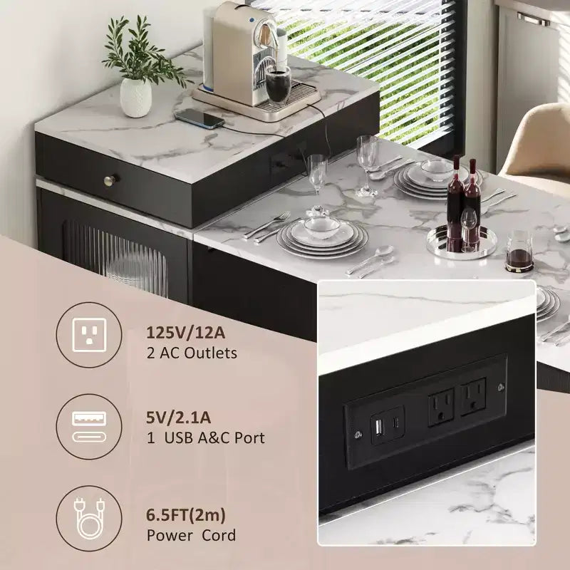 59,5 Îlot de cuisine extensible avec table à manger, Table de cuisine avec 2 tiroirs et étagères latérales ouvertes, Îlot de cuisine utilitaire pour salle à manger