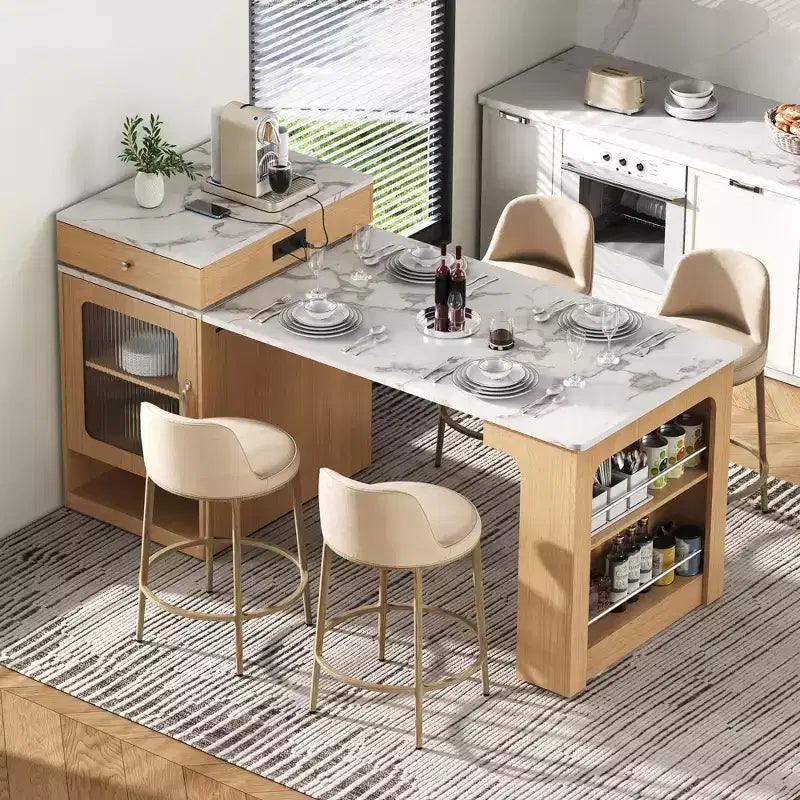59,5 Îlot de cuisine extensible avec table à manger, Table de cuisine avec 2 tiroirs et étagères latérales ouvertes, Îlot de cuisine utilitaire pour salle à manger