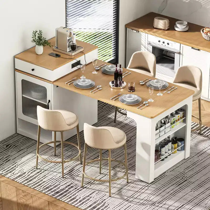 59,5 Îlot de cuisine extensible avec table à manger, Table de cuisine avec 2 tiroirs et étagères latérales ouvertes, Îlot de cuisine utilitaire pour salle à manger