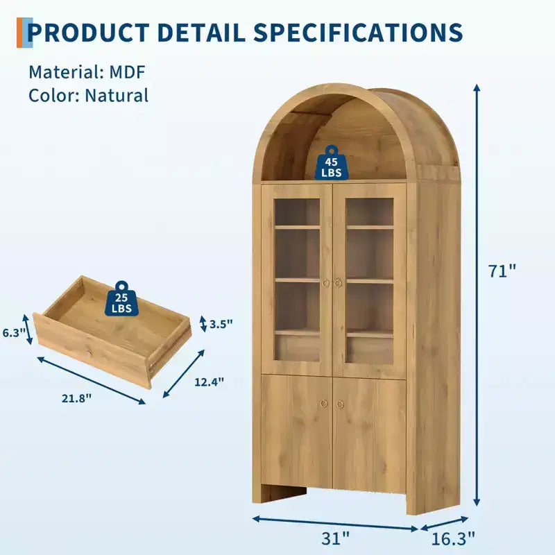 Meuble de rangement de cuisine avec tiroir caché et portes cintrées, Meuble de rangement avec portes cintrées pour salon et salle à manger