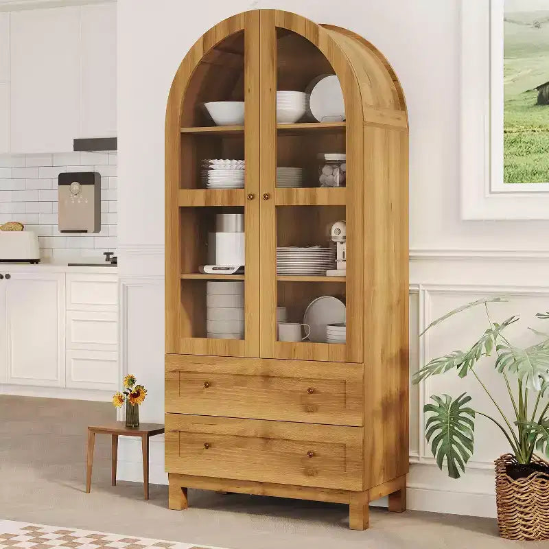 Meuble de rangement de cuisine avec tiroir caché et portes cintrées, Meuble de rangement avec portes cintrées pour salon et salle à manger