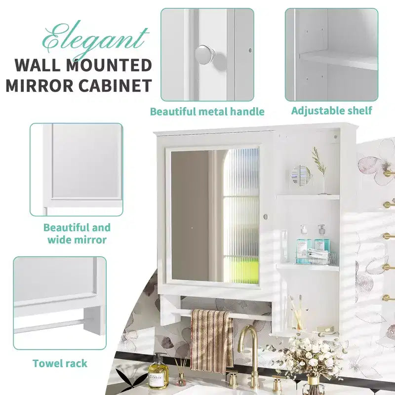 Meuble de rangement mural de salle de bain Clihome, armoires à pharmacie avec grande porte miroir, étagères réglables et trois niveaux de rangement ouverts