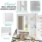 Meuble de rangement mural de salle de bain Clihome, armoires à pharmacie avec grande porte miroir, étagères réglables et trois niveaux de rangement ouverts