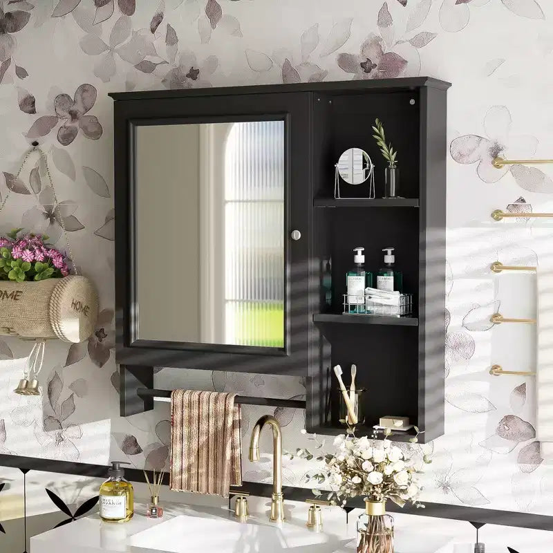 Meuble de rangement mural de salle de bain Clihome, armoires à pharmacie avec grande porte miroir, étagères réglables et trois niveaux de rangement ouverts