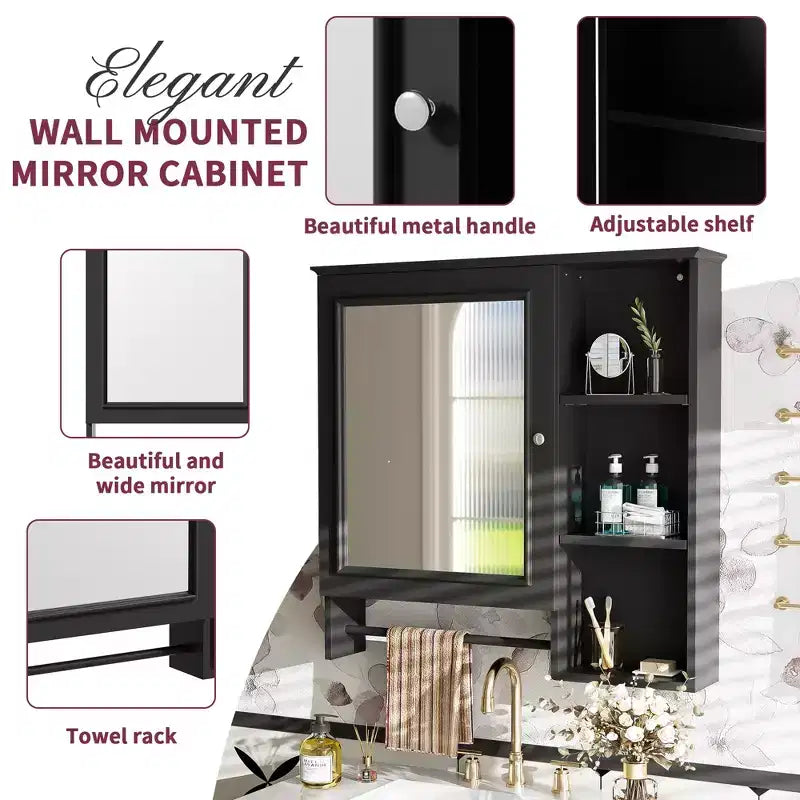 Meuble de rangement mural de salle de bain Clihome, armoires à pharmacie avec grande porte miroir, étagères réglables et trois niveaux de rangement ouverts