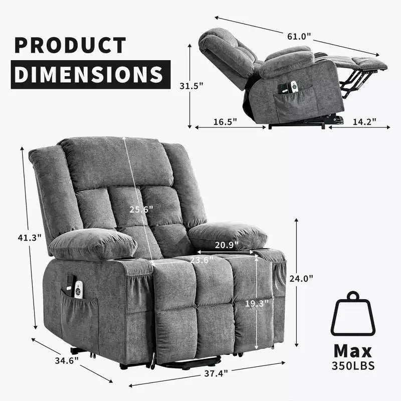 23.6 Fauteuil inclinable électrique surdimensionné avec chaleur et massage, élévateur électrique pour canapé individuel surdimensionné, charge maximale de 350 lb