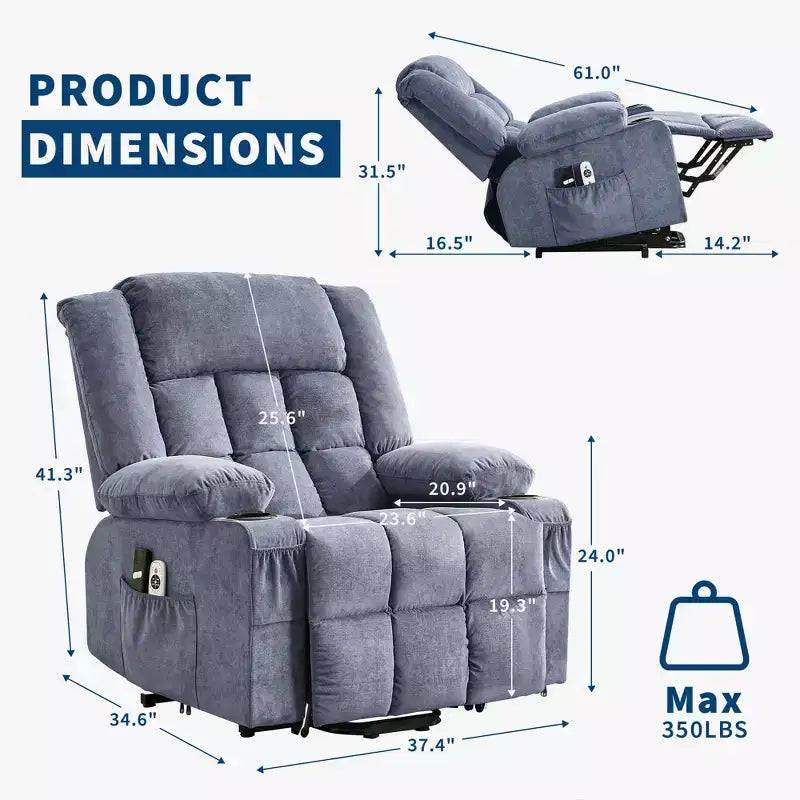 23.6 Fauteuil inclinable électrique surdimensionné avec chaleur et massage, élévateur électrique pour canapé individuel surdimensionné, charge maximale de 350 lb
