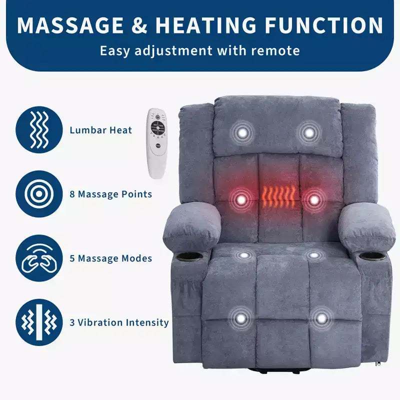 23.6 Fauteuil inclinable électrique surdimensionné avec chaleur et massage, élévateur électrique pour canapé individuel surdimensionné, charge maximale de 350 lb