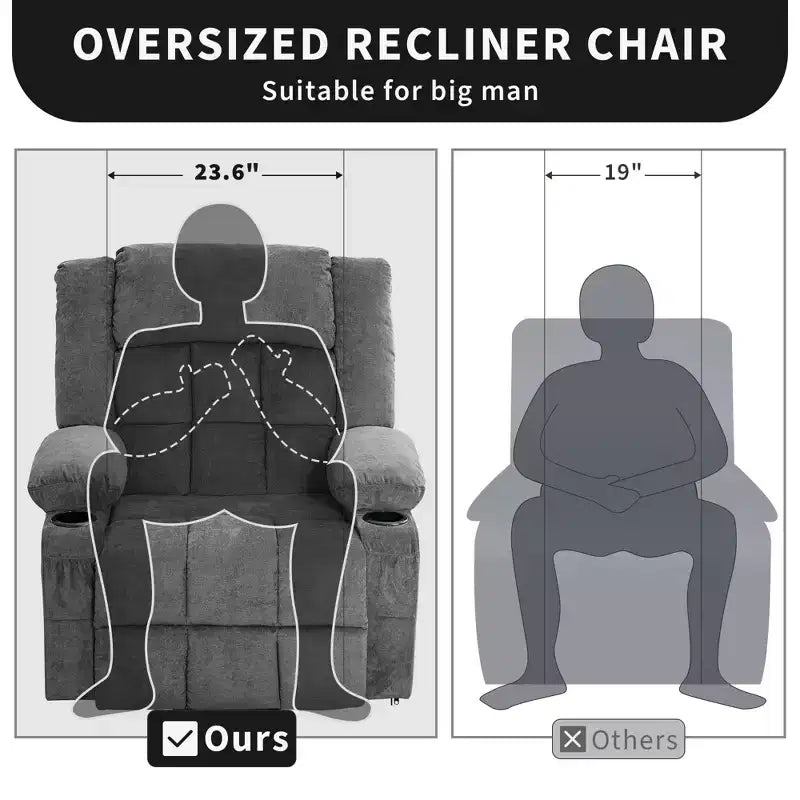 23.6 Fauteuil inclinable électrique surdimensionné avec chaleur et massage, élévateur électrique pour canapé individuel surdimensionné, charge maximale de 350 lb