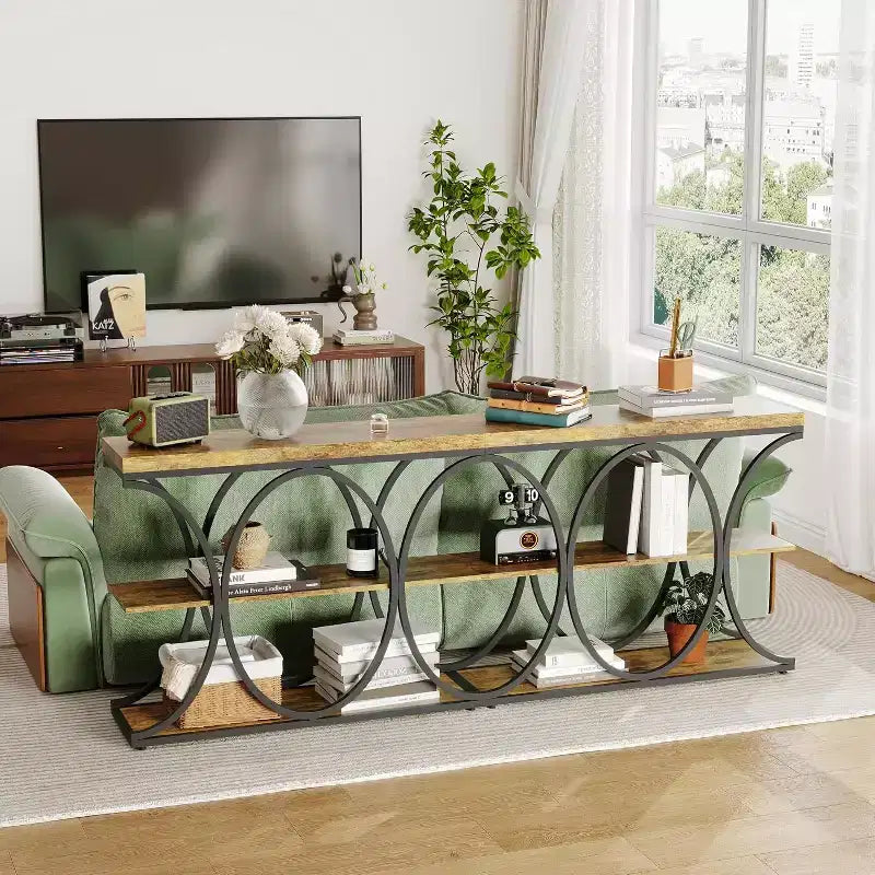 39 Table d'entrée industrielle, Table console 3 niveaux Table de canapé avec cadre métallique demi-cercle
