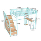 Lit mezzanine Bellemave avec bureau et rangement - Cadre en métal robuste, 4 armoires, escalier et étagère - Idéal pour enfants/adolescents (Vert)