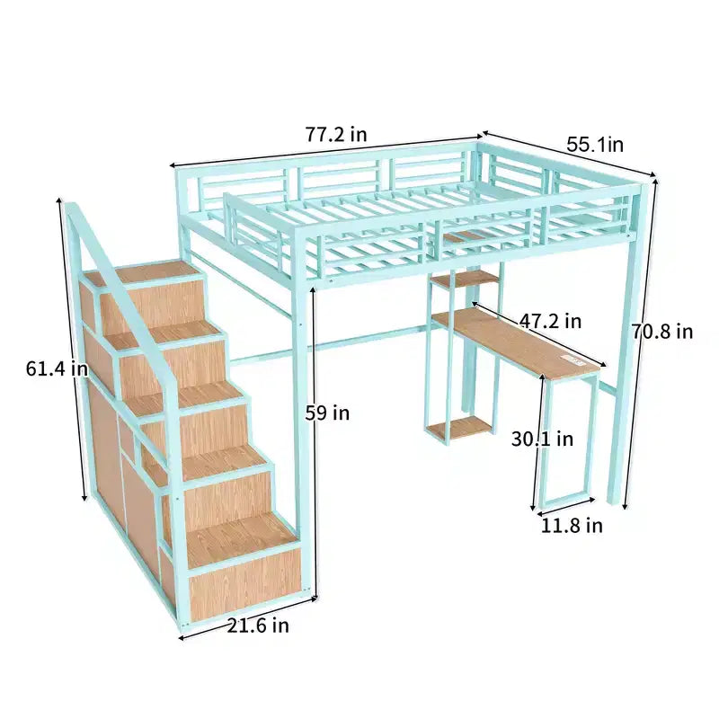 Lit mezzanine Bellemave avec bureau et rangement - Cadre en métal robuste, 4 armoires, escalier et étagère - Idéal pour enfants/adolescents (Vert)