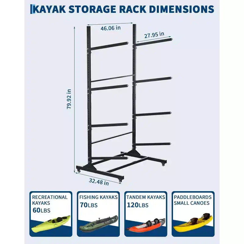 Support de rangement autoportant pour 2 kayaks, noir, robuste et réglable, avec roues verrouillables pour kayak/canoë/paddleboard (utilisation intérieure/extérieure, 1 paquet)