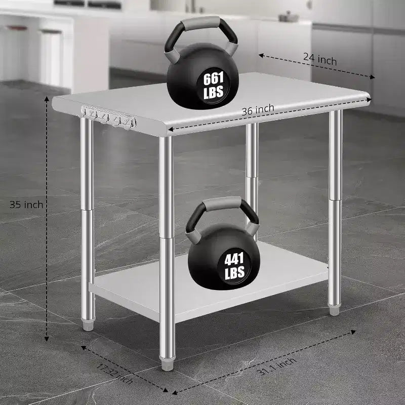 Table de travail de préparation de cuisine commerciale 36*24*35 pouces avec étagère inférieure réglable, table de service en acier inoxydable pour restaurant, garage, hôtel, bord arrondi