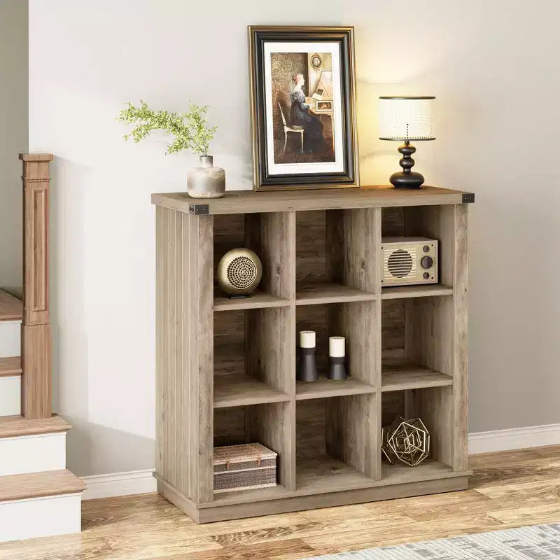 Étagère de rangement à 9 cubes, bibliothèque horizontale de style ferme à 4 niveaux, bibliothèque de rangement en bois de 95 cm pour entrée, longues étagères basses pour chambre.