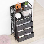 Commode à 5 tiroirs en tissu avec plateau en bois - Organiseur de rangement robuste à cadre métallique pour chambre, couloir, entrée