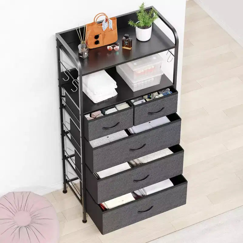 Commode à 5 tiroirs en tissu avec plateau en bois - Organiseur de rangement robuste à cadre métallique pour chambre, couloir, entrée