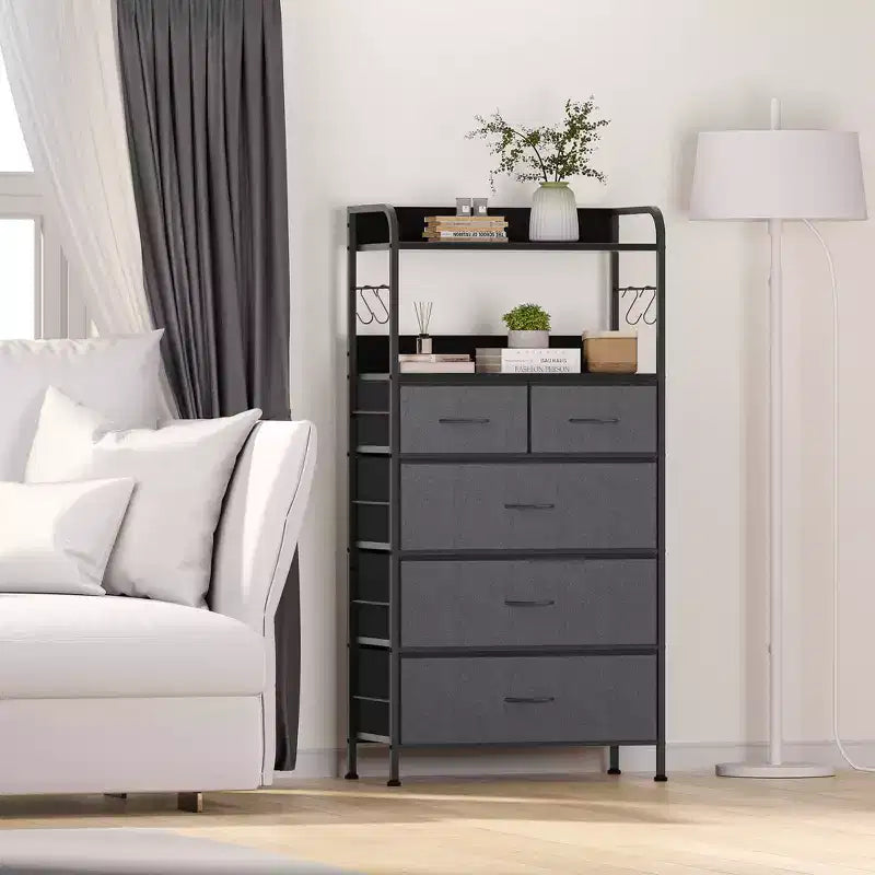 Commode à 5 tiroirs en tissu avec plateau en bois - Organiseur de rangement robuste à cadre métallique pour chambre, couloir, entrée