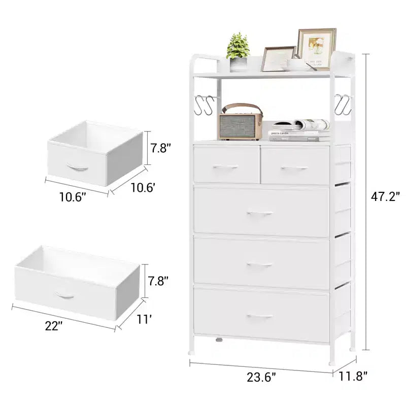 Commode à 5 tiroirs en tissu avec plateau en bois - Organiseur de rangement robuste à cadre métallique pour chambre, couloir, entrée
