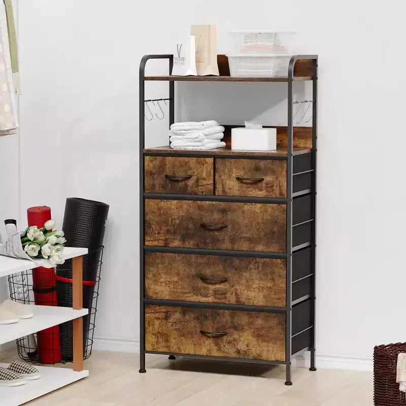 Commode à 5 tiroirs en tissu avec plateau en bois - Organiseur de rangement robuste à cadre métallique pour chambre, couloir, entrée