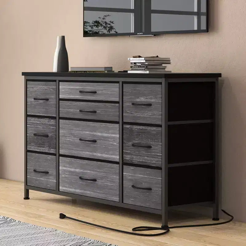 Commode de rangement à 10 tiroirs, meuble TV de 140 cm de large, commode en tissu avec prises de courant, cadre en acier robuste, grand meuble TV pour chambre et salon