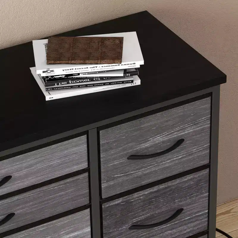 Commode de rangement à 10 tiroirs, meuble TV de 140 cm de large, commode en tissu avec prises de courant, cadre en acier robuste, grand meuble TV pour chambre et salon