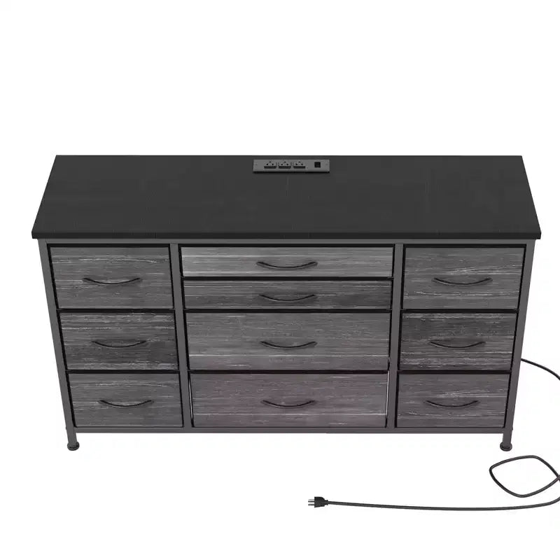 Commode de rangement à 10 tiroirs, meuble TV de 140 cm de large, commode en tissu avec prises de courant, cadre en acier robuste, grand meuble TV pour chambre et salon