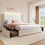 Bed Frame Upholstered with Storage, Wingback Headboard, Metal Frame with Wood Lath Support, No Box Spring Needed, Easy Assembly