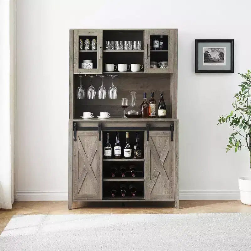 Buffet de bar à café de ferme de 70 po avec porte coulissante, grand rangement avec 7 étagères réglables