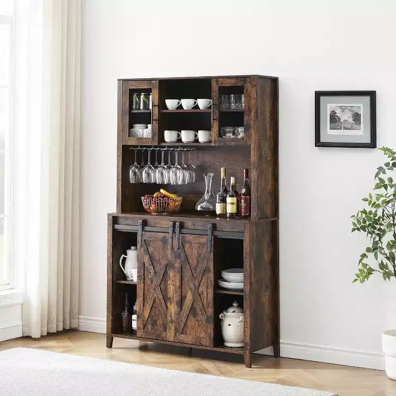 Buffet de bar à café de ferme de 70 po avec porte coulissante, grand rangement avec 7 étagères réglables