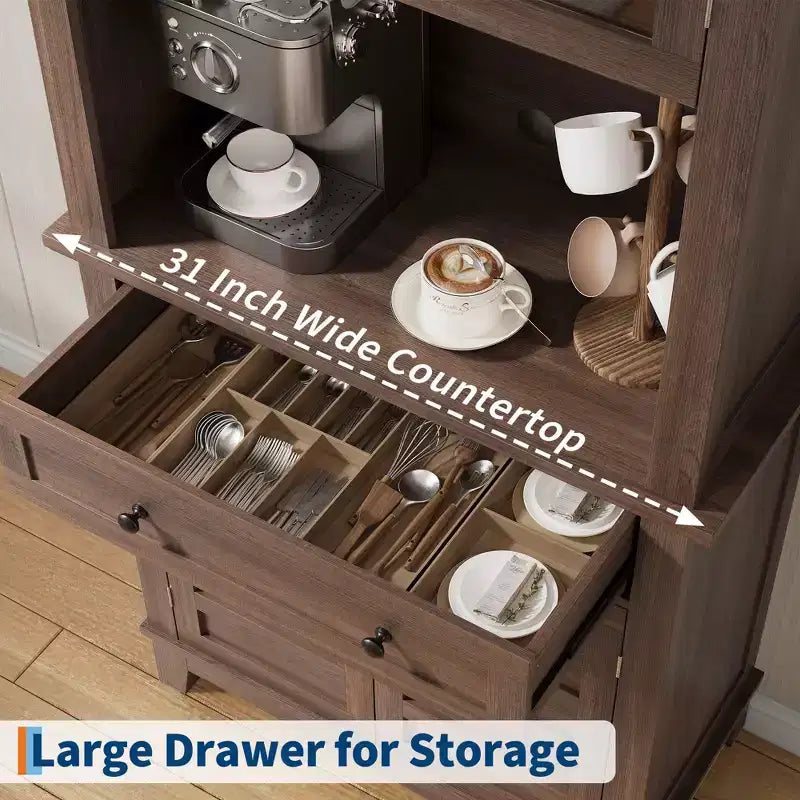 Meuble de rangement haut de cuisine de 183 cm, armoire de cuisine avec support pour micro-ondes, buffet avec tiroirs et portes vitrées pour salle à manger