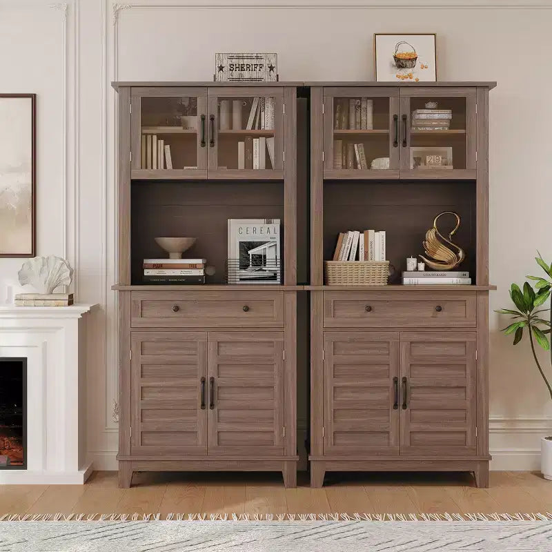 Meuble de rangement haut de cuisine de 183 cm, armoire de cuisine avec support pour micro-ondes, buffet avec tiroirs et portes vitrées pour salle à manger