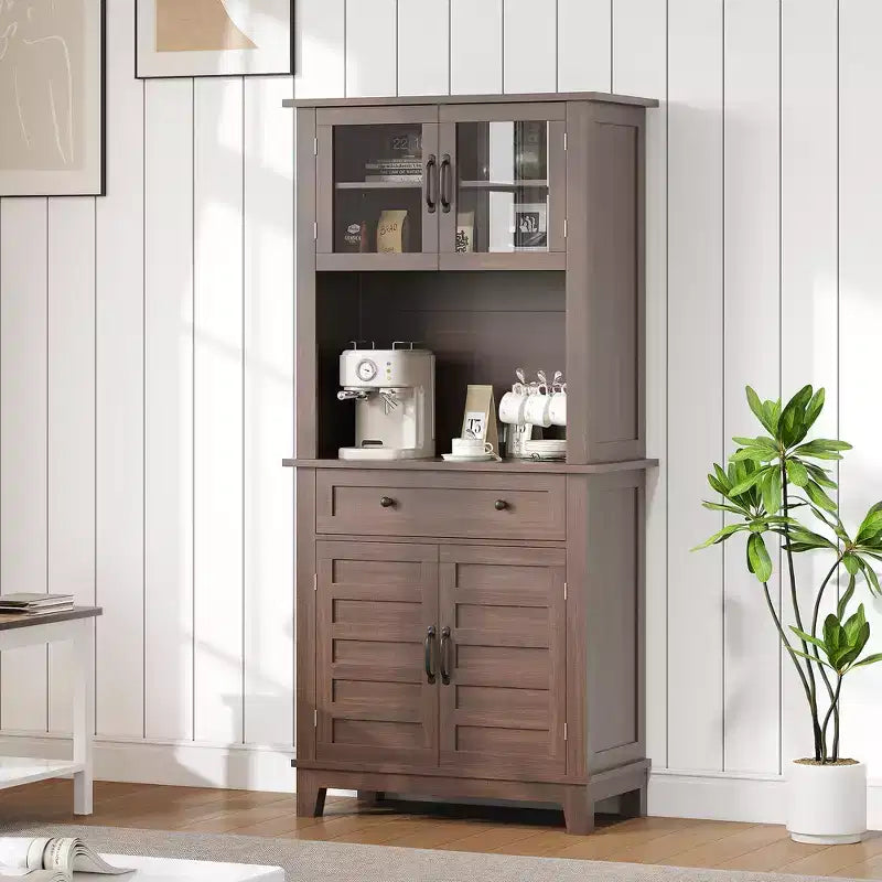 Meuble de rangement haut de cuisine de 183 cm, armoire de cuisine avec support pour micro-ondes, buffet avec tiroirs et portes vitrées pour salle à manger