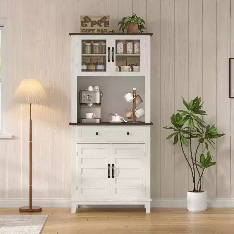 Meuble de rangement haut de cuisine de 183 cm, armoire de cuisine avec support pour micro-ondes, buffet avec tiroirs et portes vitrées pour salle à manger