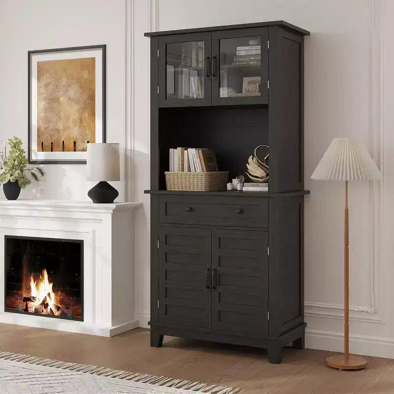 Meuble de rangement haut de cuisine de 183 cm, armoire de cuisine avec support pour micro-ondes, buffet avec tiroirs et portes vitrées pour salle à manger