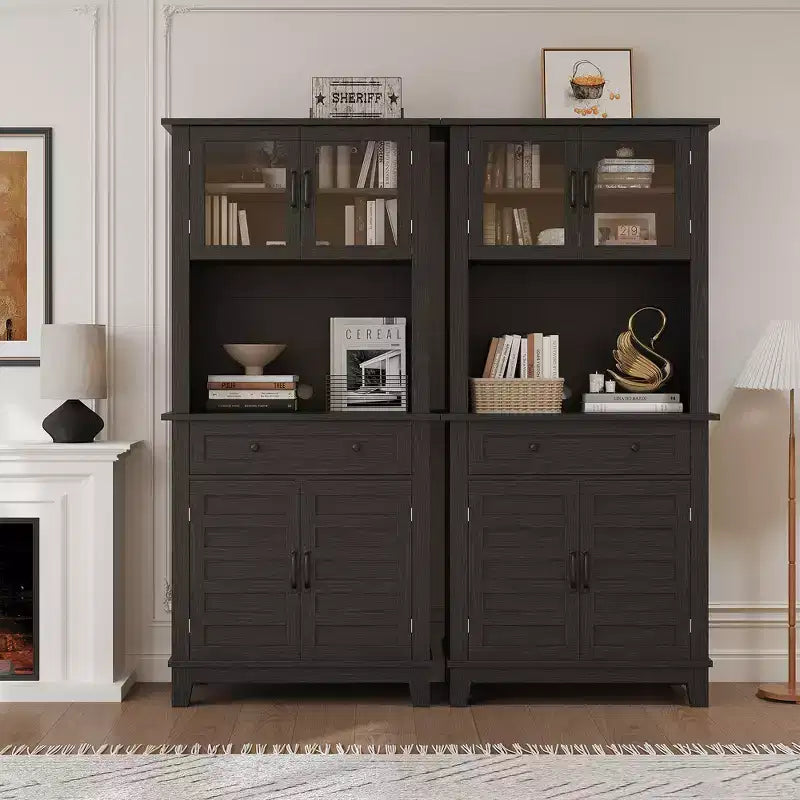Meuble de rangement haut de cuisine de 183 cm, armoire de cuisine avec support pour micro-ondes, buffet avec tiroirs et portes vitrées pour salle à manger