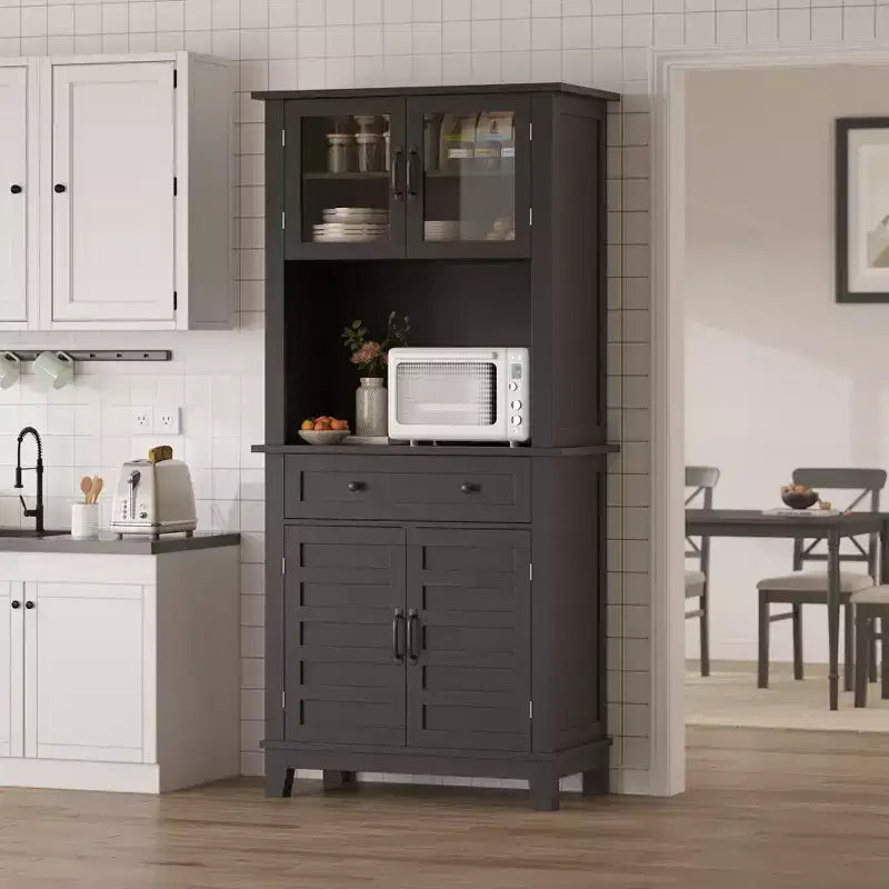 72 in Tall Kitchen Pantry Cabinet, Kitchen Hutch Bar Cabinet with Microwave Stand, Cupboard with Drawers Glass Doors for Dining Room