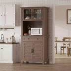 Meuble de rangement haut de cuisine de 183 cm, armoire de cuisine avec support pour micro-ondes, buffet avec tiroirs et portes vitrées pour salle à manger
