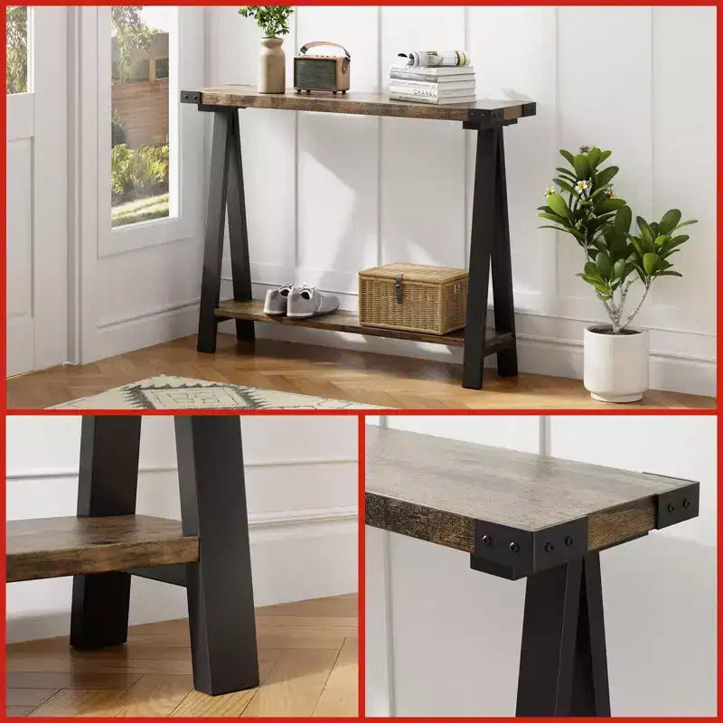 Console 2 niveaux avec rangement, Table d'entrée de style rustique 110 cm avec cadre en métal et MDF, Table basse étroite derrière le canapé pour le salon