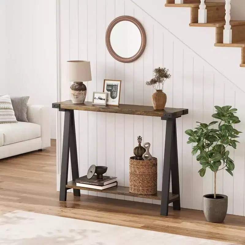 Console 2 niveaux avec rangement, Table d'entrée de style rustique 110 cm avec cadre en métal et MDF, Table basse étroite derrière le canapé pour le salon