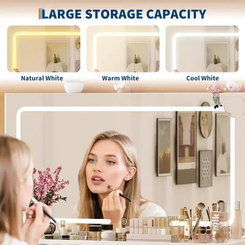 Coiffeuse moderne avec miroir, plateau en verre, miroir grossissant, support pour sèche-cheveux, 10 tiroirs et tabouret pour chambre à coucher, dressing