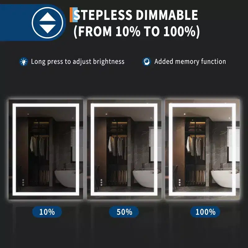 Miroir de salle de bain, miroir de courtoisie, rétroéclairage réglable, technologie anti-buée, fonction mémoire, verre incassable, installation horizontale ou verticale.