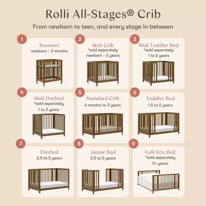 Lit de bébé évolutif 9-en-1 Babyletto Rolli avec berceau et kits de conversion pour lit de bambin