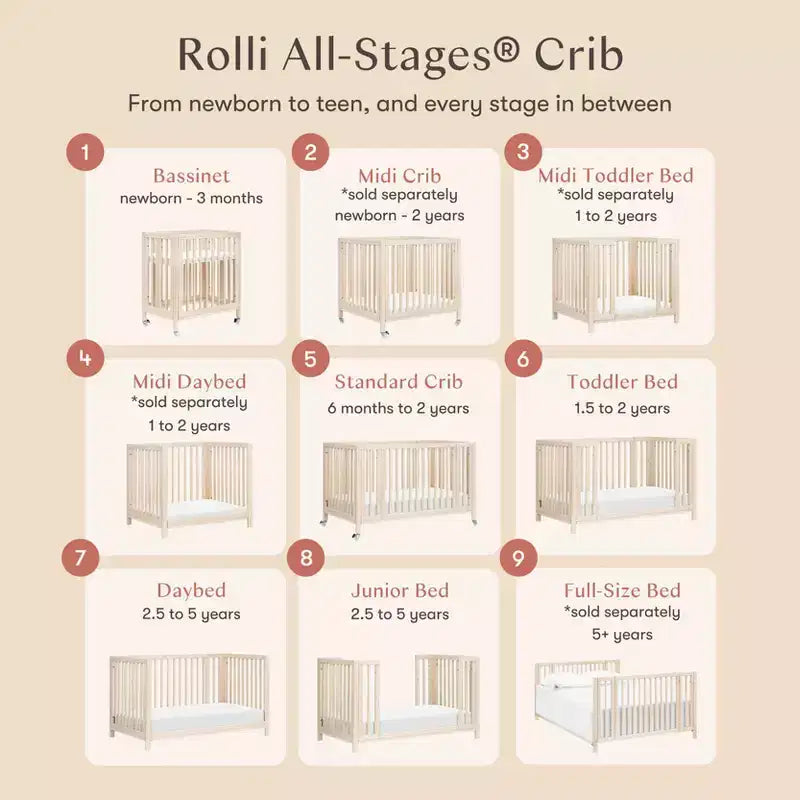 Lit de bébé évolutif 9-en-1 Babyletto Rolli avec berceau et kits de conversion pour lit de bambin