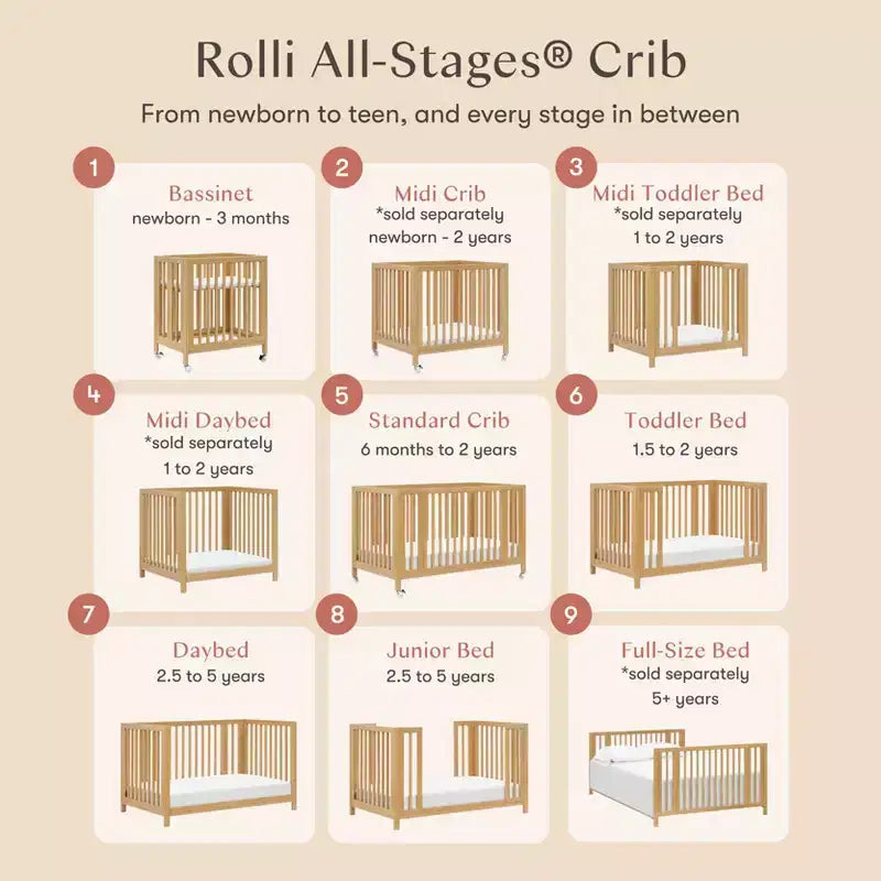 Lit de bébé évolutif 9-en-1 Babyletto Rolli avec berceau et kits de conversion pour lit de bambin