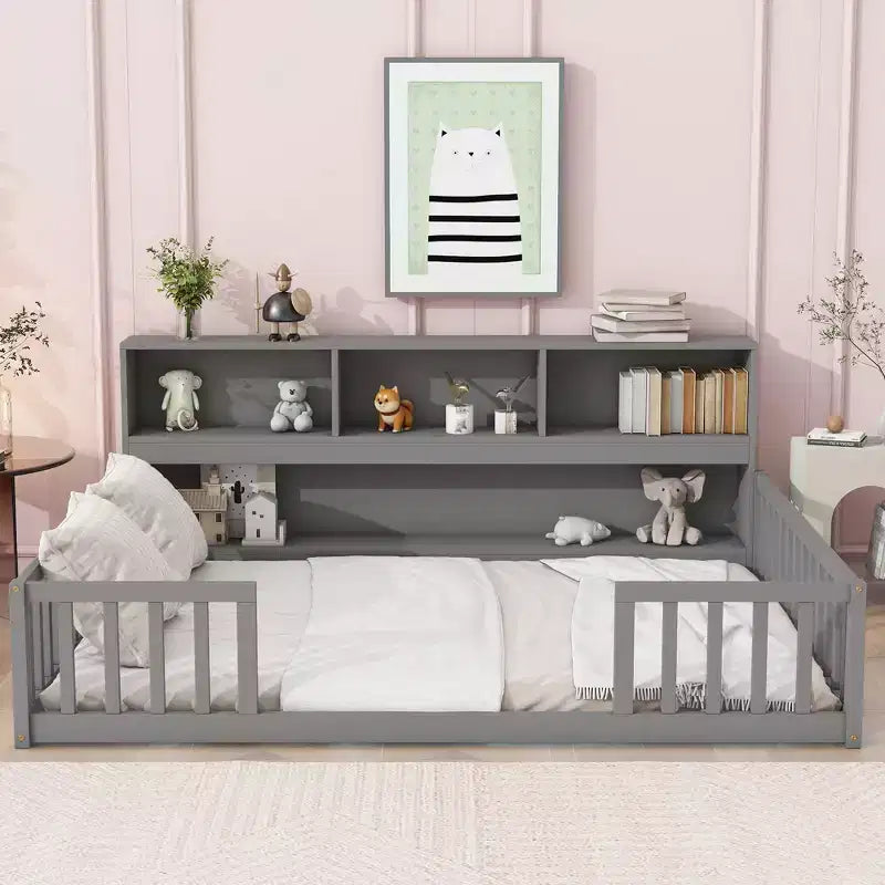Bellemave Full Floor Bed with Side Bookcase and Shelves, Solid Wood Platform Bed with Guardrails and Easy Access Opening, Space-Saving Design, Grey