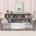 Bellemave Full Floor Bed with Side Bookcase and Shelves, Solid Wood Platform Bed with Guardrails and Easy Access Opening, Space-Saving Design, Grey